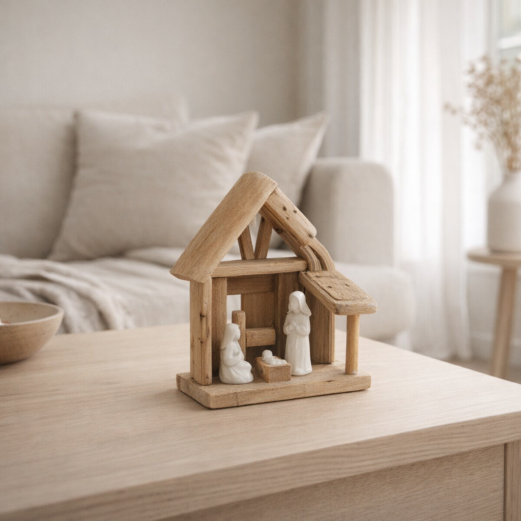 J-Line Crèche de Noël Maison Bois/Céramique Naturel/Blanc en situation