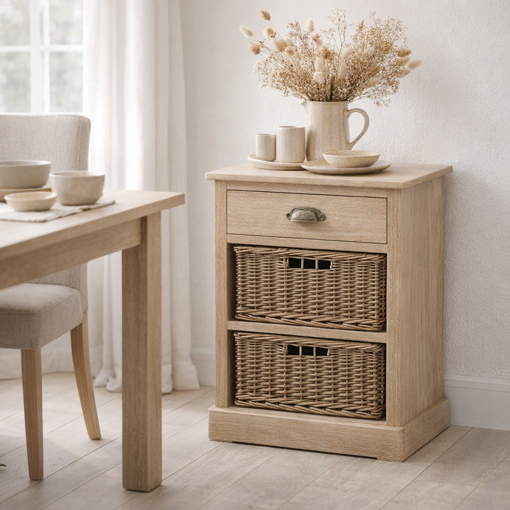 Table de Chevet J-Line 2 Corbeilles 1 Tiroir Bois Gris Blanchi en situation