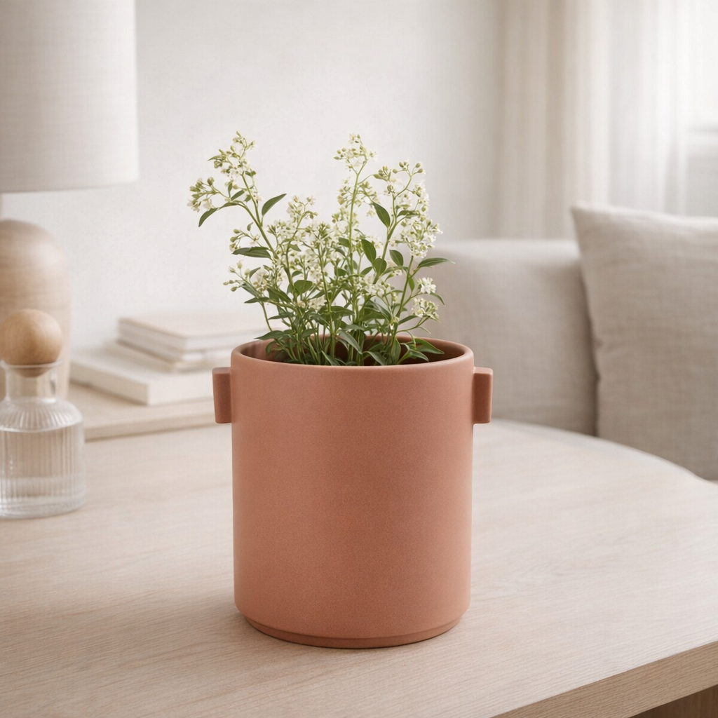 J -Liline Flowerpot Handle Stone Good - Ceramic - Peach - Ø 14 cm en situation