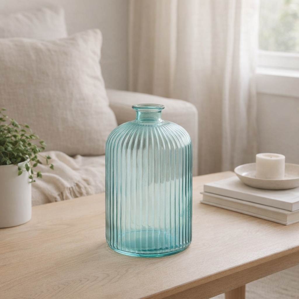 J -Line Vaas Fles Bottle Stripe - Glas - Aqua - Large - Ø 14,5 cm en situation