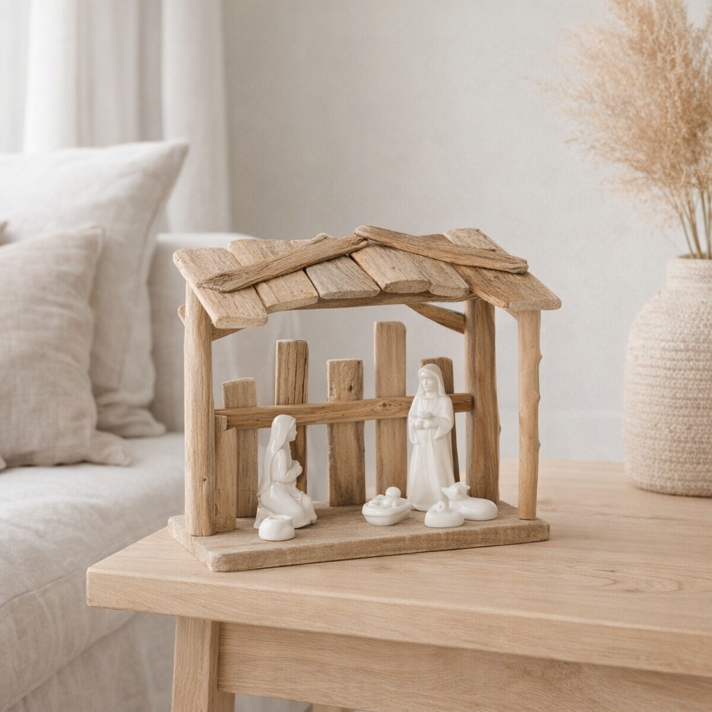 J-Line Crèche de Noël Toit Plat Bois/Céramique Naturel/Blanc en situation