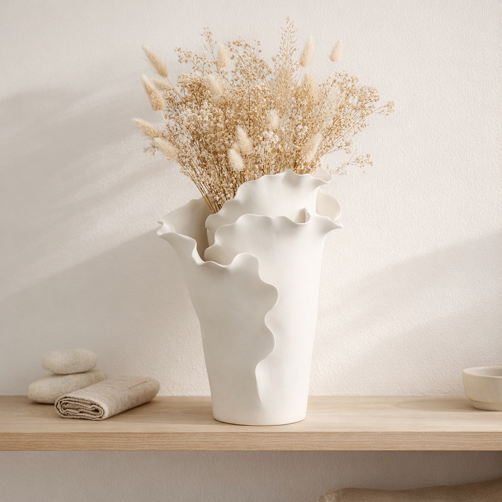 Vase J-Line Helix Irregular, détail de la texture en céramique blanche