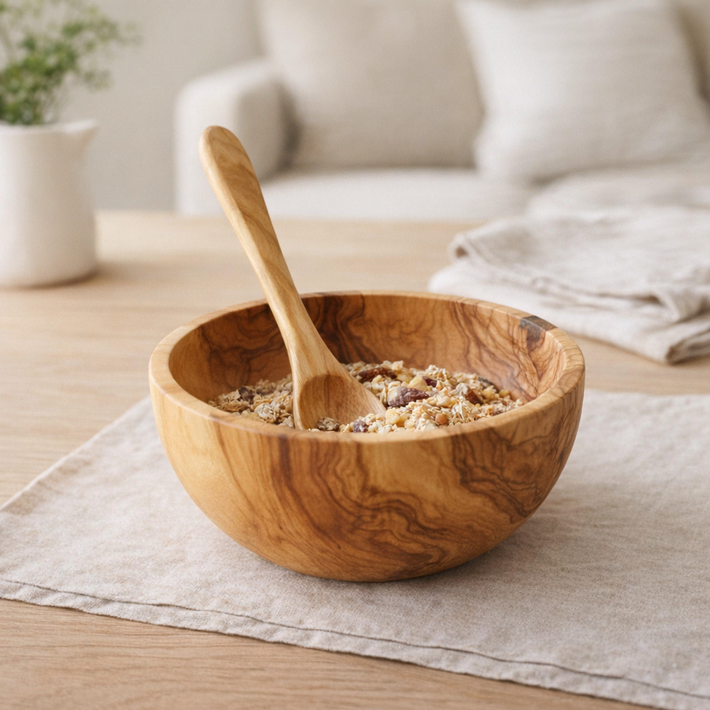 Détail du bol à muesli en bois d'olivier, élégant et naturel