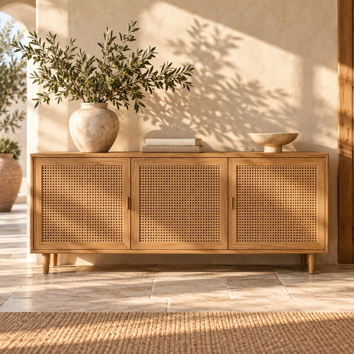 Buffets en bois, rotin et métal