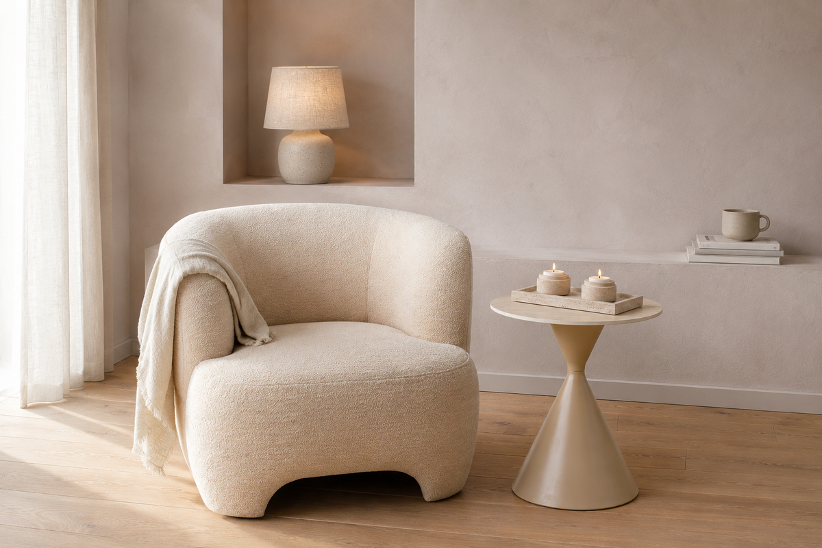 Tendance du moment — La pierre beige : fauteuil crème, table d'appoint en céramique aspect travertin, lampe et photophores en pierre