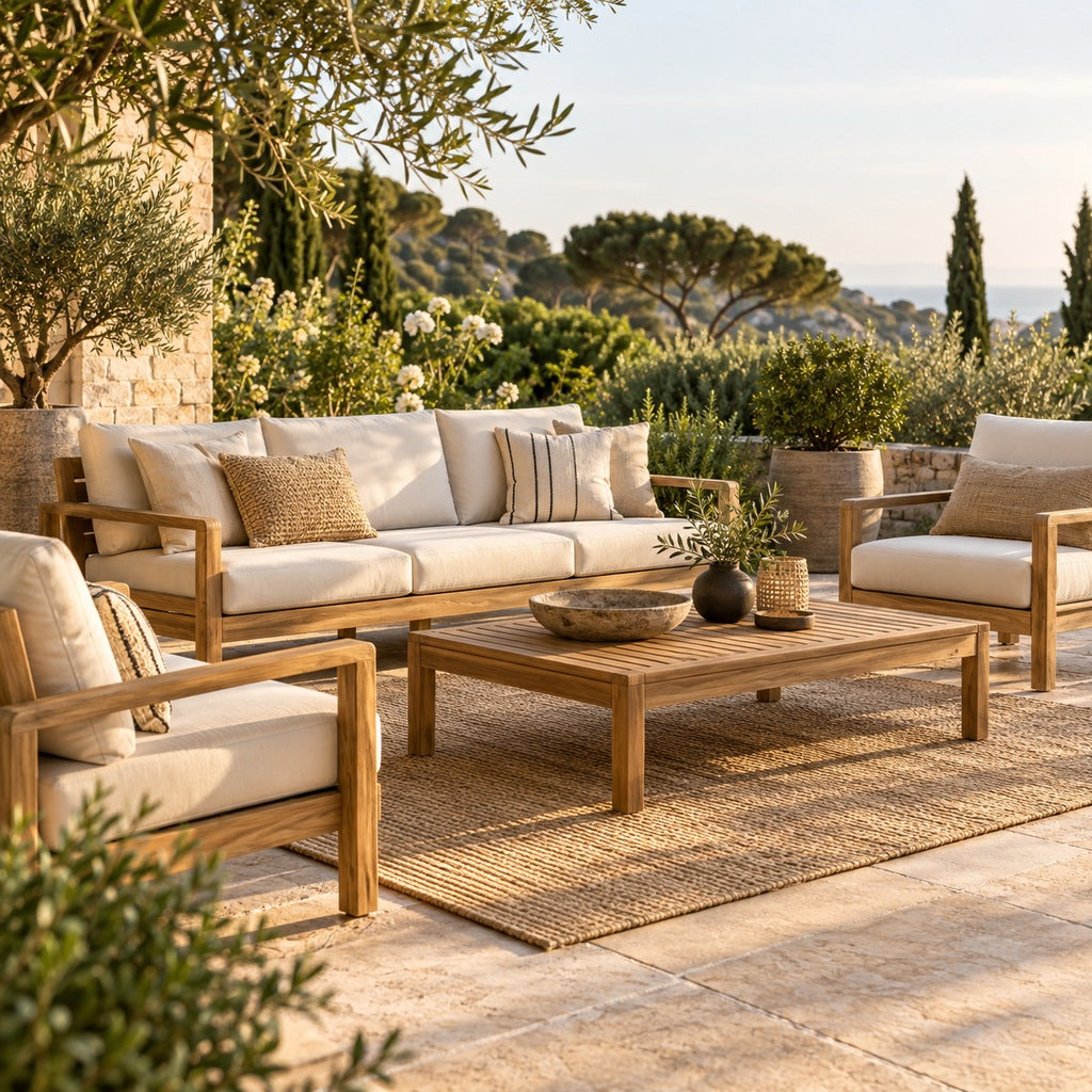 Salon de jardin en teck avec coussins écrus sur une terrasse en pierre